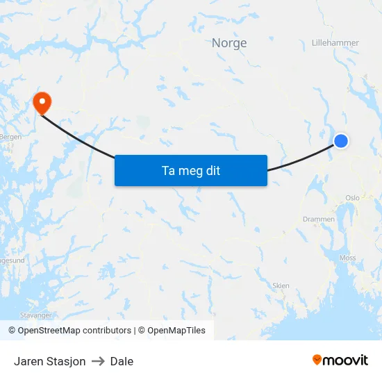 Jaren Stasjon to Dale map