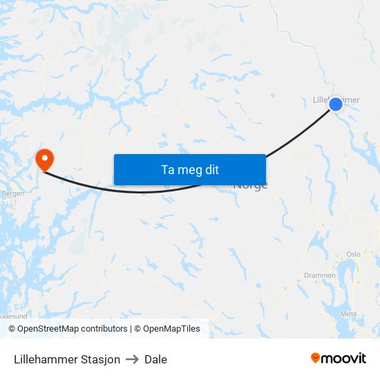 Lillehammer Stasjon to Dale map