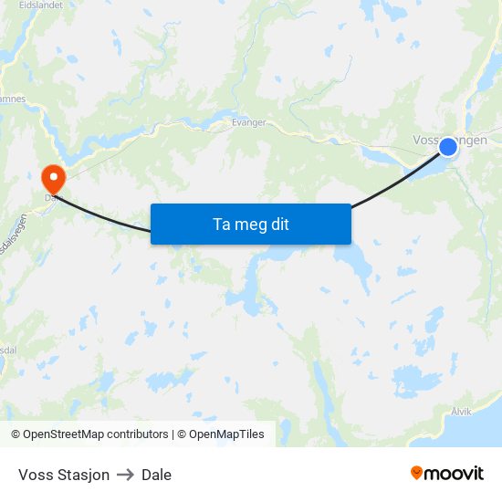 Voss Stasjon to Dale map