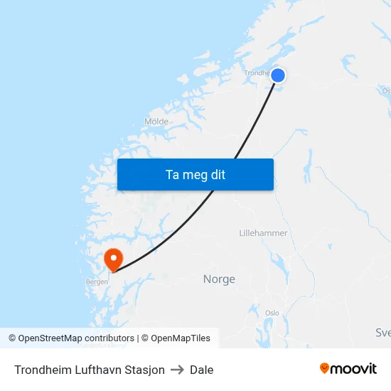 Trondheim Lufthavn Stasjon to Dale map