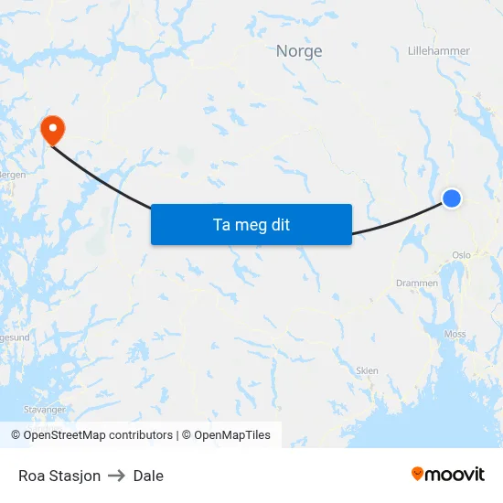 Roa Stasjon to Dale map