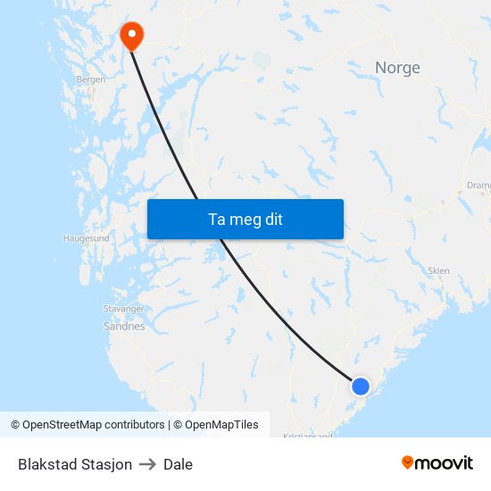 Blakstad Stasjon to Dale map