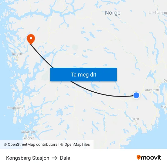 Kongsberg Stasjon to Dale map