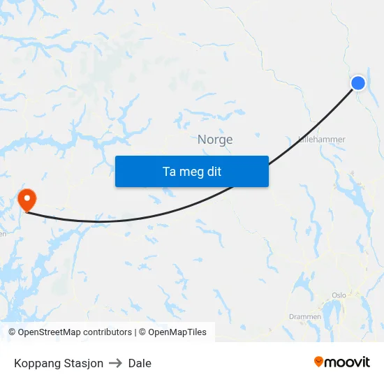 Koppang Stasjon to Dale map