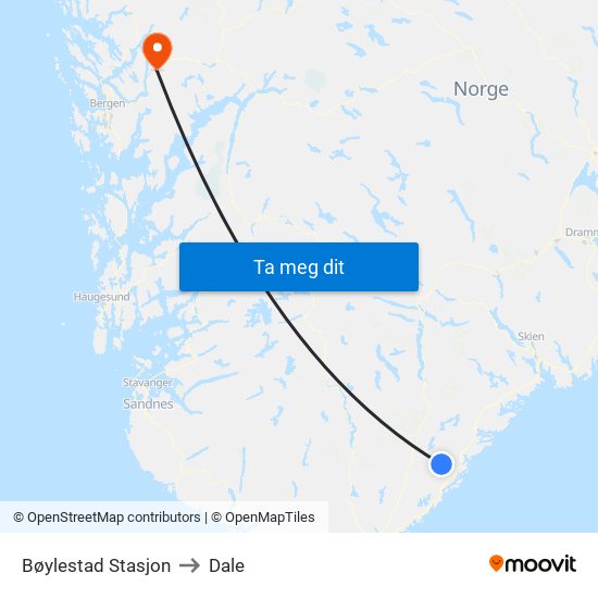 Bøylestad Stasjon to Dale map
