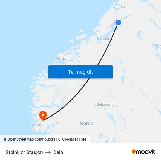 Steinkjer Stasjon to Dale map