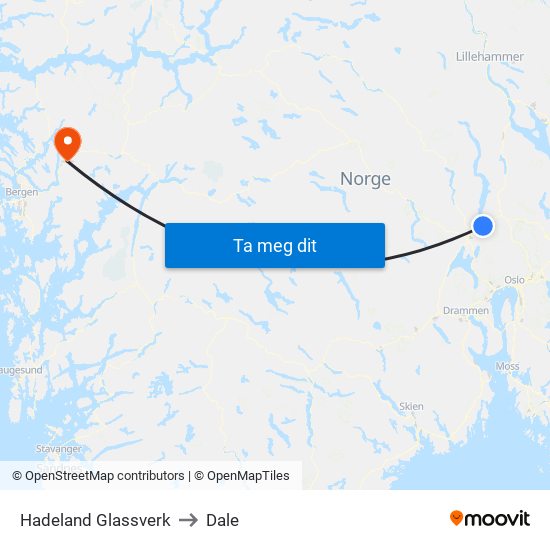 Hadeland Glassverk to Dale map