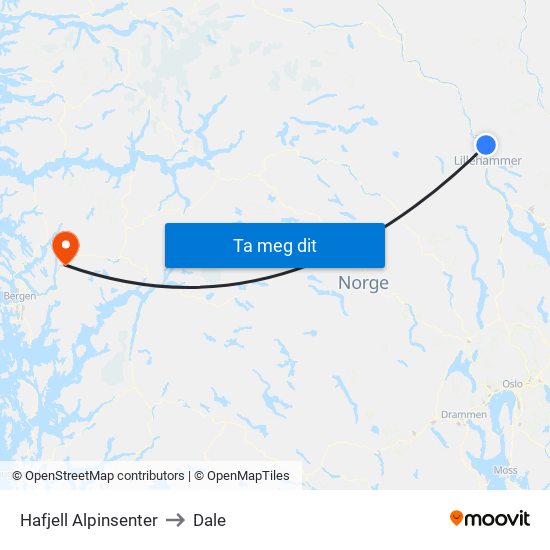 Hafjell Alpinsenter to Dale map