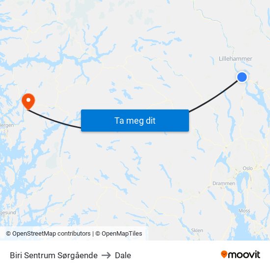 Biri Sentrum Sørgående to Dale map