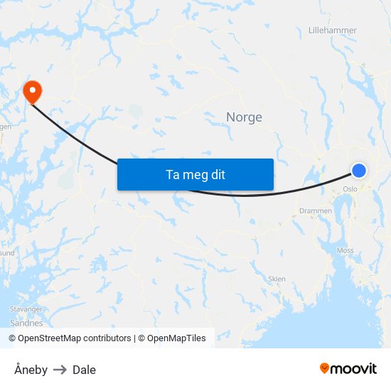 Åneby to Dale map