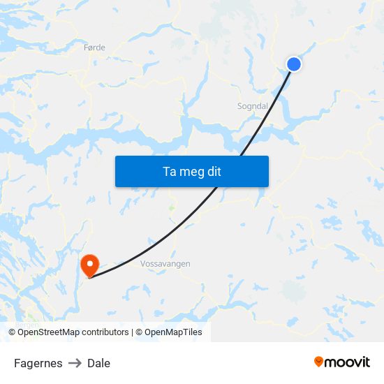 Fagernes to Dale map