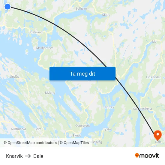 Knarvik to Dale map
