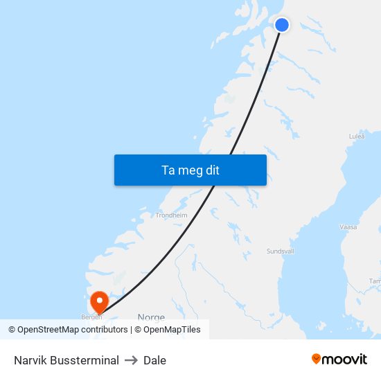 Narvik Bussterminal to Dale map