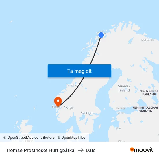 Tromsø Prostneset Hurtigbåtkai to Dale map