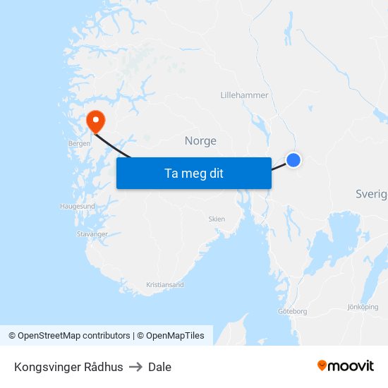 Kongsvinger Rådhus to Dale map