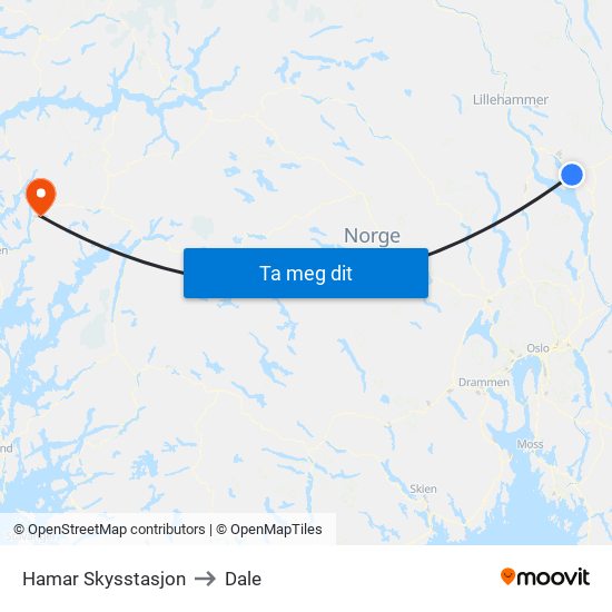 Hamar Skysstasjon to Dale map