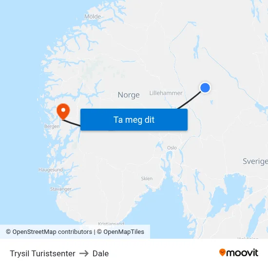 Trysil Turistsenter to Dale map