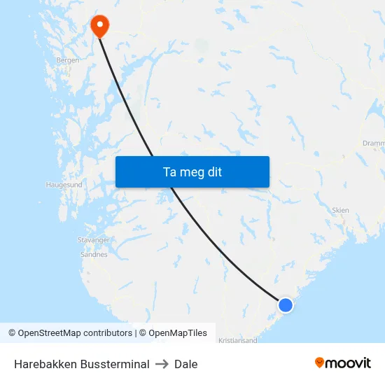 Harebakken Bussterminal to Dale map