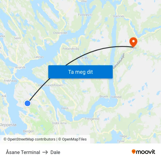 Åsane Terminal to Dale map