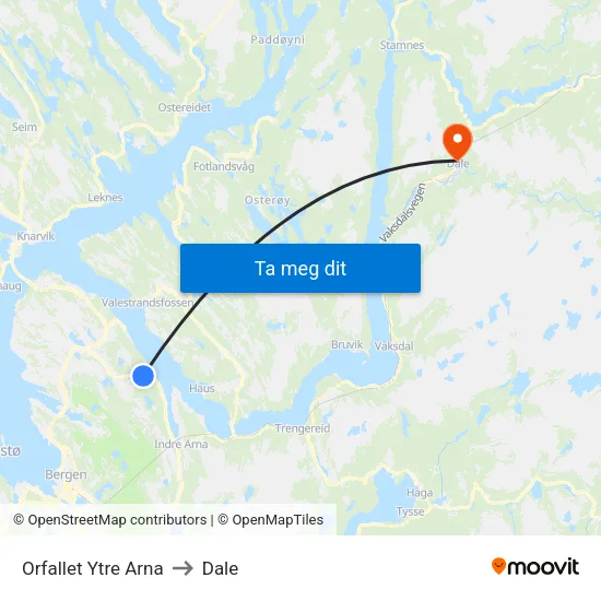Orfallet Ytre Arna to Dale map