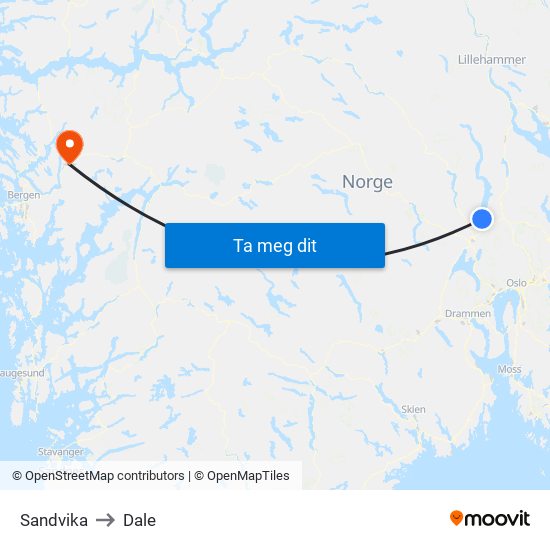 Sandvika to Dale map