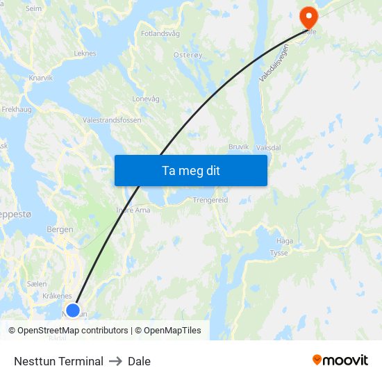 Nesttun Terminal to Dale map