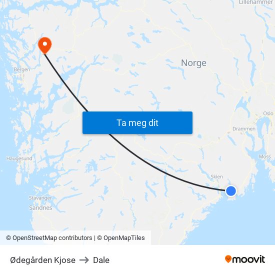 Ødegården Kjose to Dale map