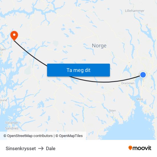 Sinsenkrysset to Dale map