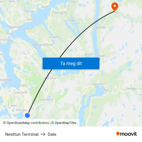 Nesttun Terminal to Dale map