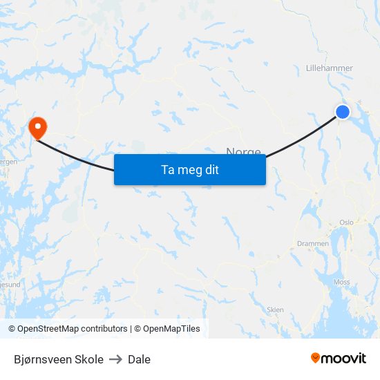 Bjørnsveen Skole to Dale map