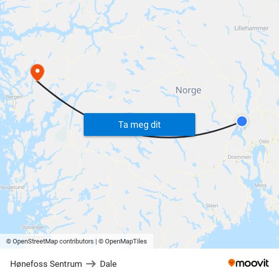 Hønefoss Sentrum to Dale map