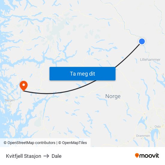 Kvitfjell Stasjon to Dale map