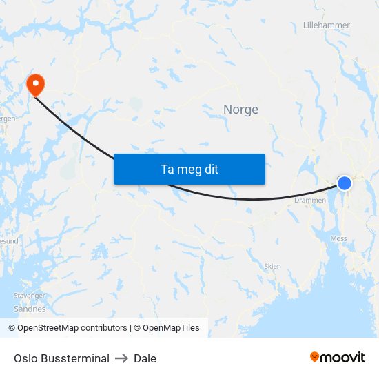 Oslo Bussterminal to Dale map