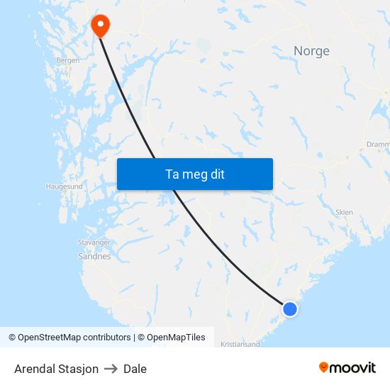 Arendal Stasjon to Dale map