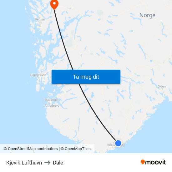 Kjevik Lufthavn to Dale map