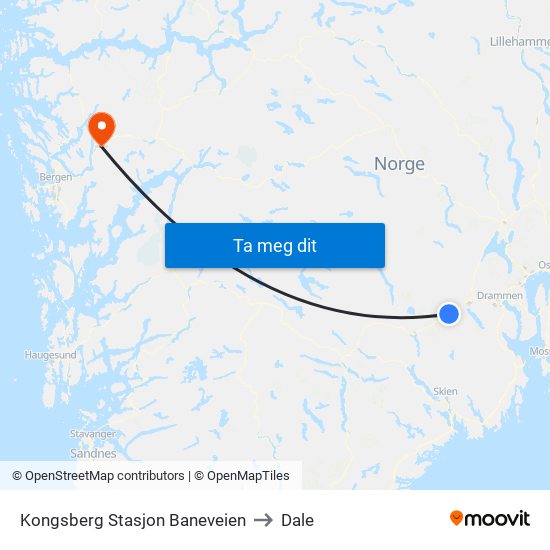 Kongsberg Stasjon Baneveien to Dale map