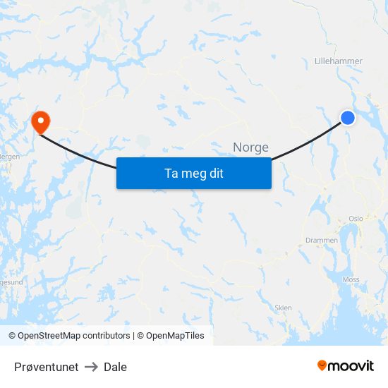 Prøventunet to Dale map