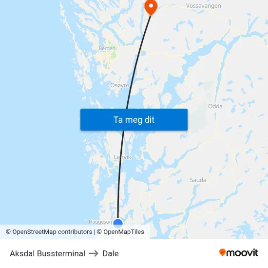 Aksdal Bussterminal to Dale map