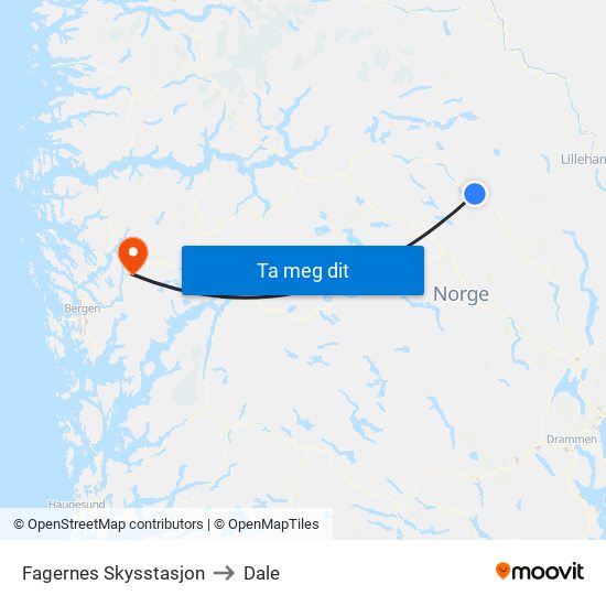 Fagernes Skysstasjon to Dale map