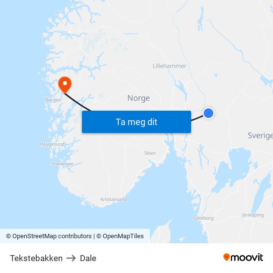 Tekstebakken to Dale map