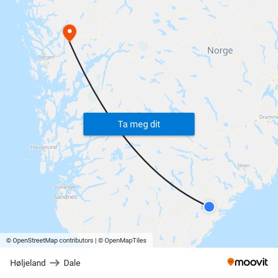 Høljeland to Dale map