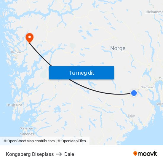 Kongsberg Diseplass to Dale map