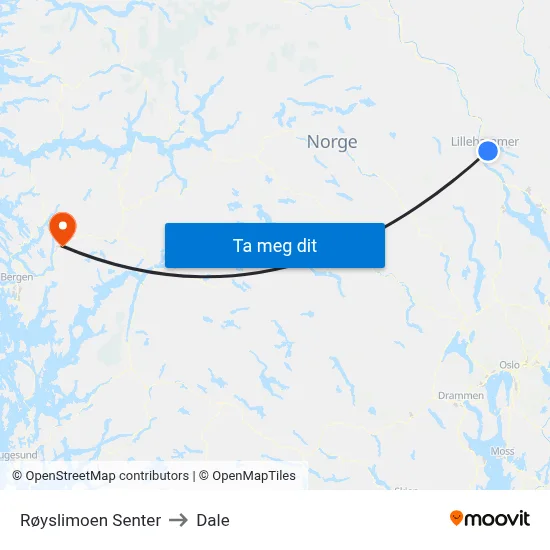 Røyslimoen Senter to Dale map
