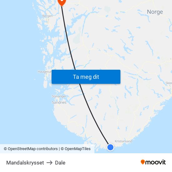 Mandalskrysset to Dale map