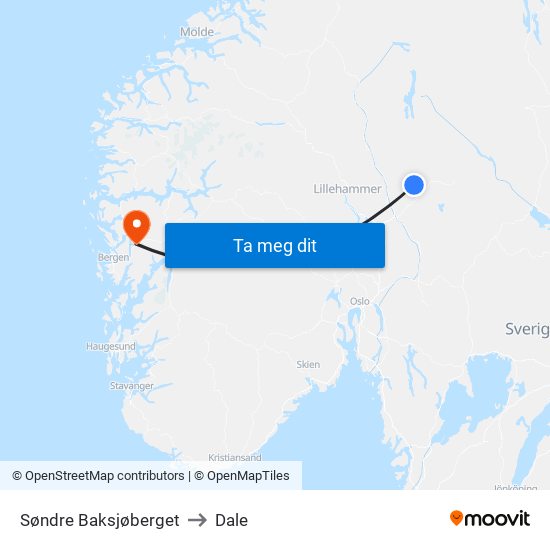 Søndre Baksjøberget to Dale map