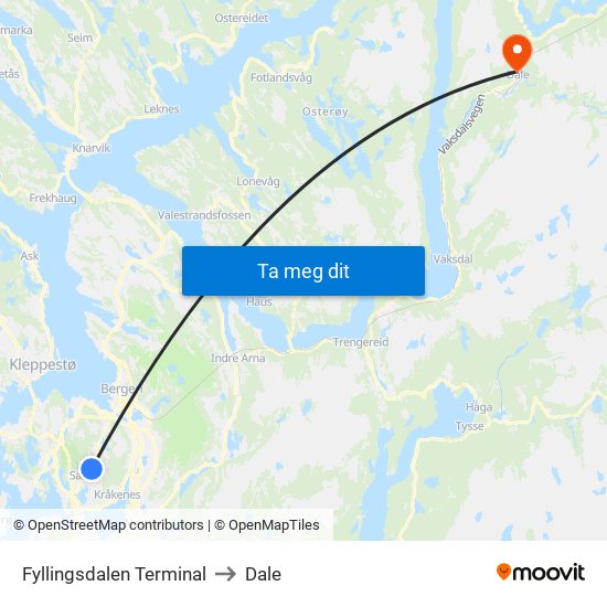 Fyllingsdalen Terminal to Dale map