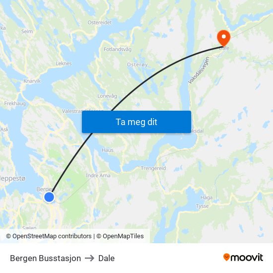 Bergen Busstasjon to Dale map