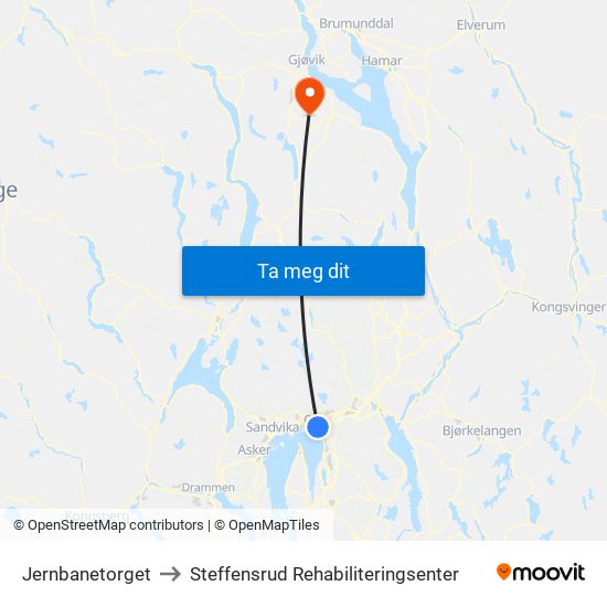 Jernbanetorget to Steffensrud Rehabiliteringsenter map