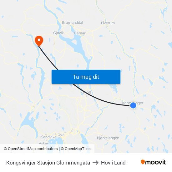 Kongsvinger Stasjon Glommengata to Hov i Land map