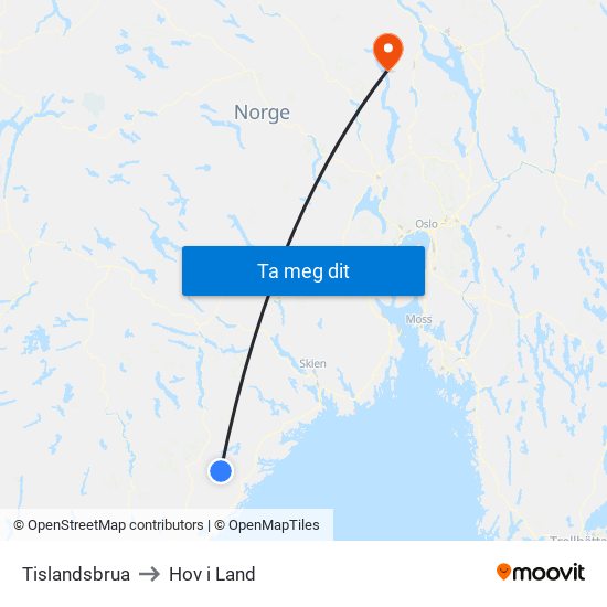 Tislandsbrua to Hov i Land map